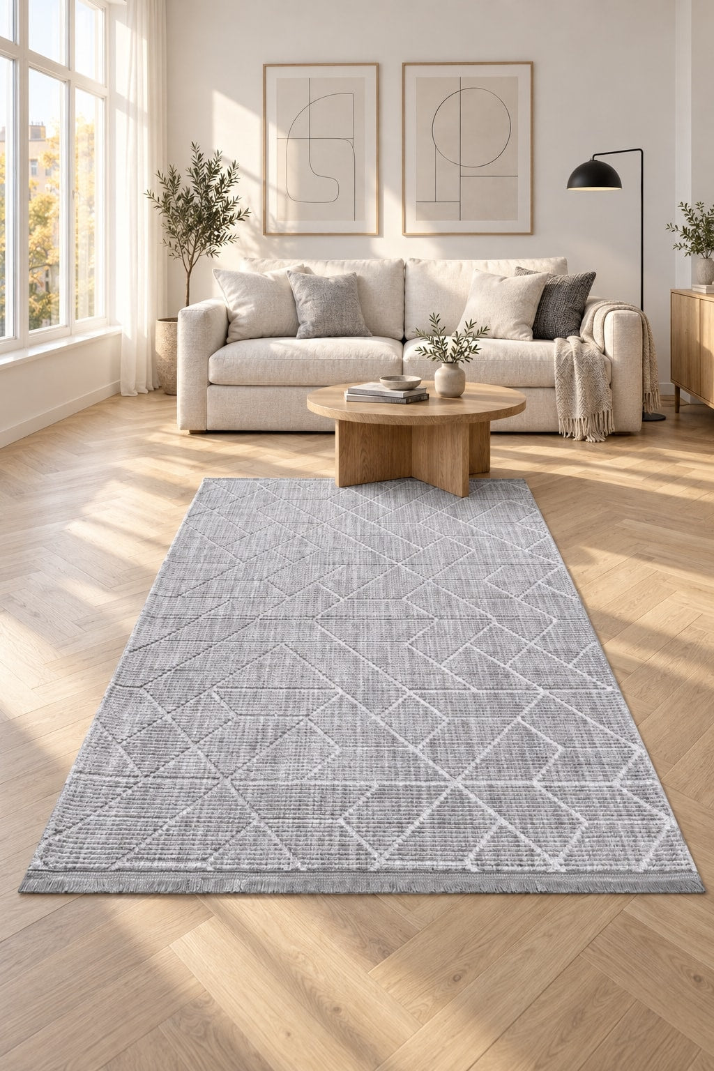Geometric Boho Area Rug – Gray in a living room