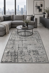 Geometric Boho Area Rug – Gray in a living room