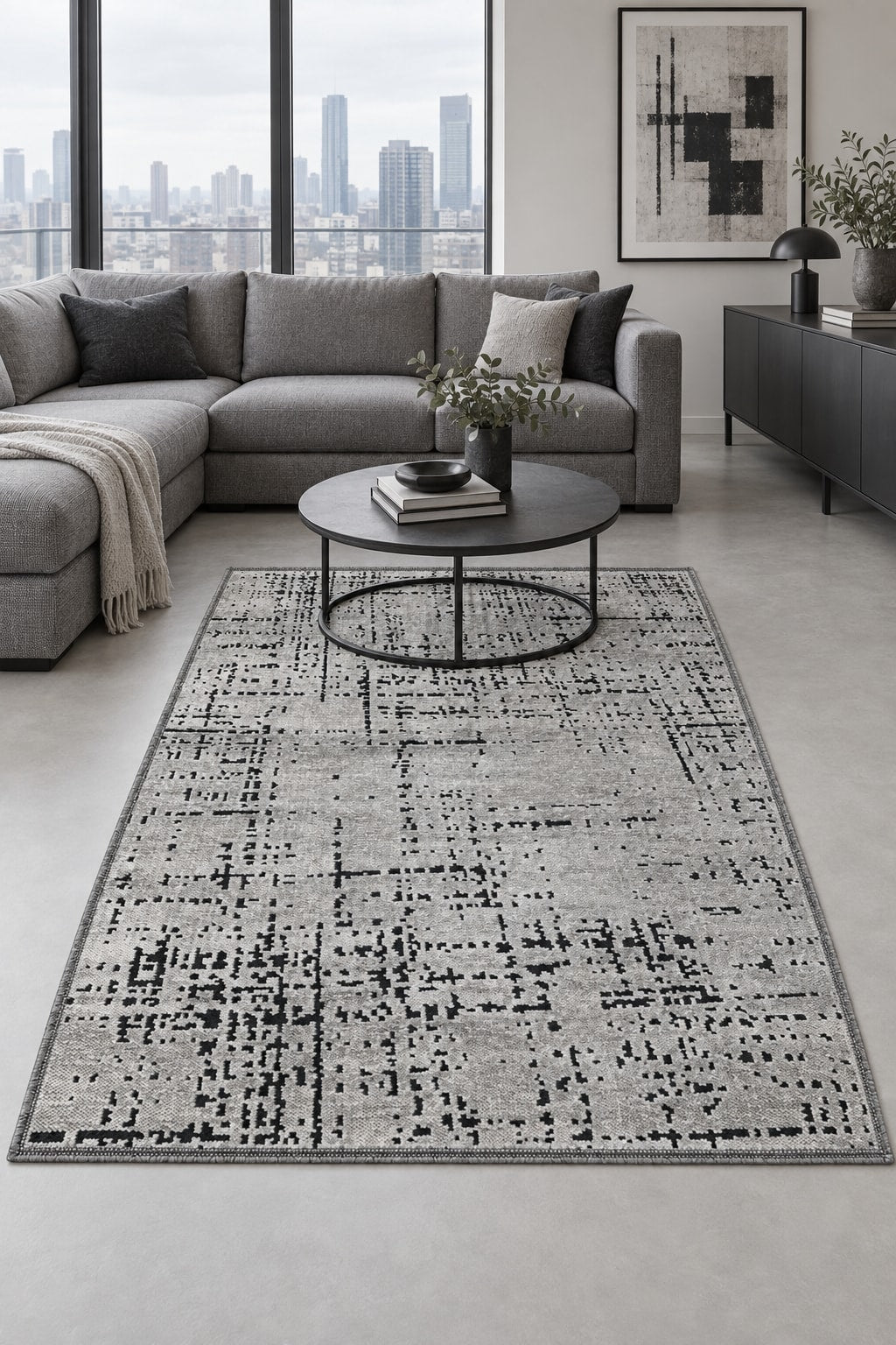 Geometric Boho Area Rug – Gray in a living room