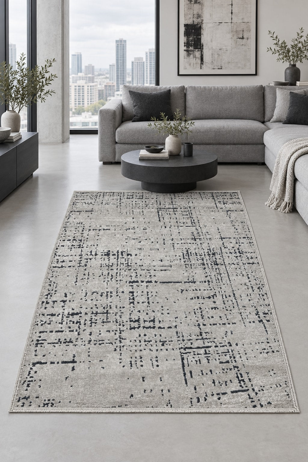 Geometric Boho Area Rug – Taupe in a living room