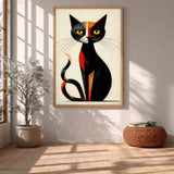 Geometric Cat Abstract Wall Art – Black Cream Modern Animal Print