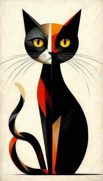 Geometric Cat Abstract Wall Art – Black Cream Modern Animal Print