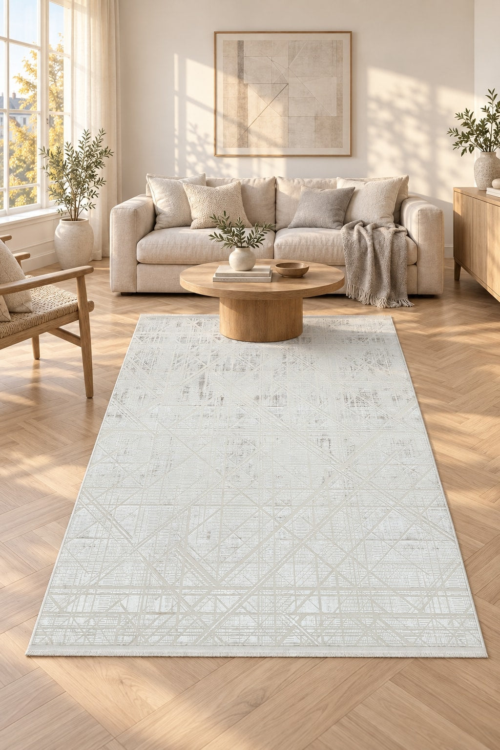 Geometric Modern Area Rug – Beige in a living room