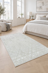Geometric Modern Area Rug – Gray in a bedroom