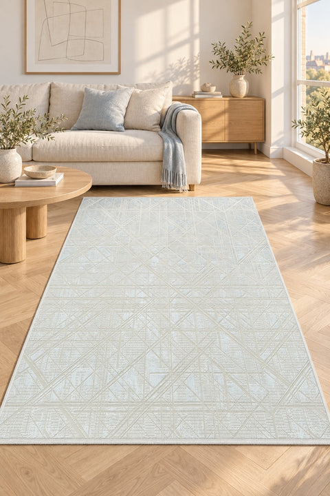 Geometric Modern Area Rug – White in a living room