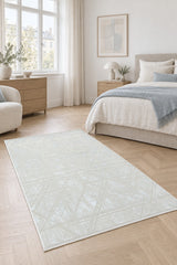 Geometric Modern Area Rug – White in a bedroom