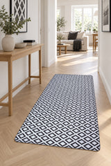 Geometric Modern Kilim Area Rug – Black in a hallway