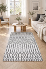 Geometric Modern Kilim Area Rug – Gray in a living room