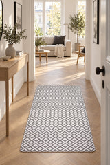 Geometric Modern Kilim Area Rug – Gray in a hallway