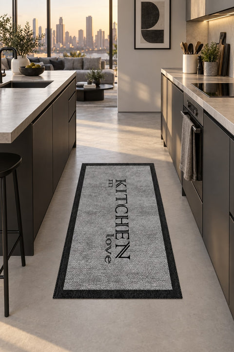 Geometric Modern Kitchen Rug – Black in a kitchen