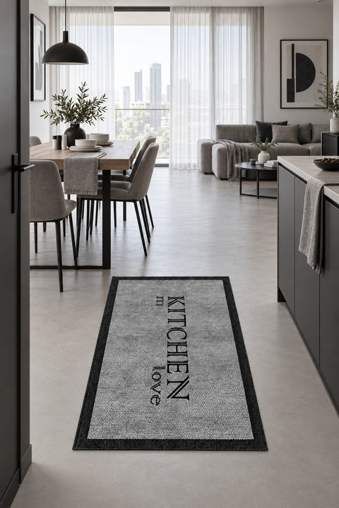 Geometric Modern Kitchen Rug – Black in a dining room
