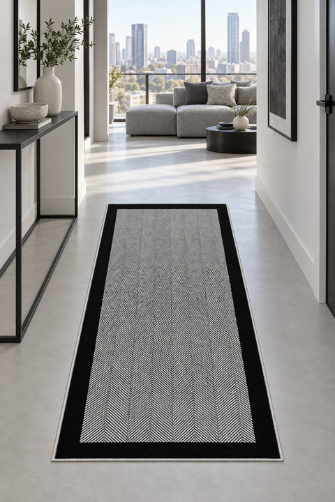 Geometric Modern Kitchen Rug – Gray in a hallway