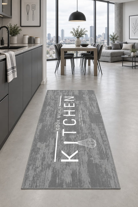Geometric Modern Kitchen Rug – Gray in a dining room