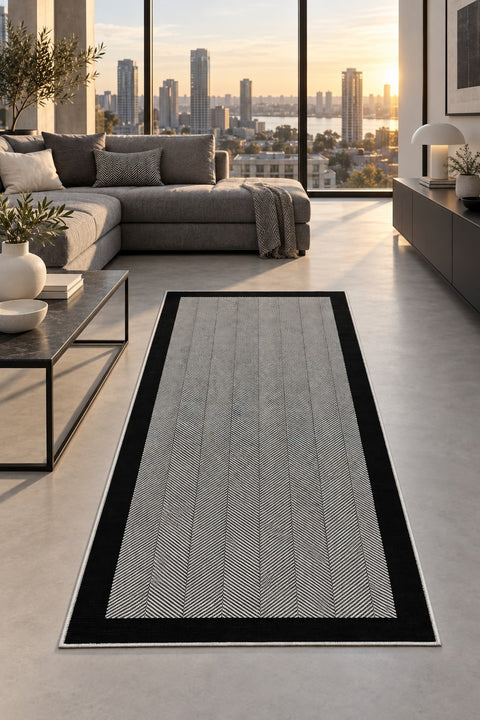 Geometric Modern Kitchen Rug – Gray in a living room