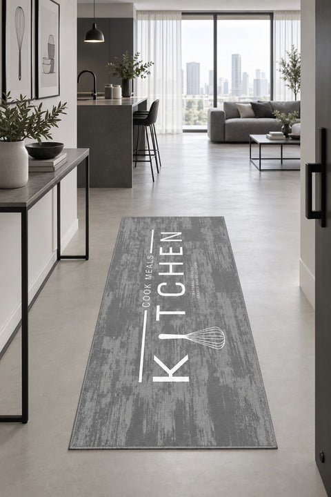 Geometric Modern Kitchen Rug – Gray in a hallway