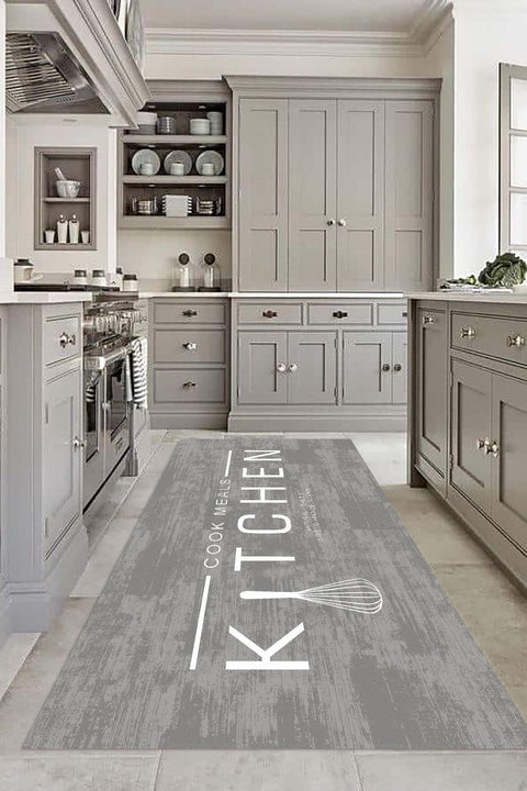 Geometric Modern Kitchen Rug – Gray in a kitchen