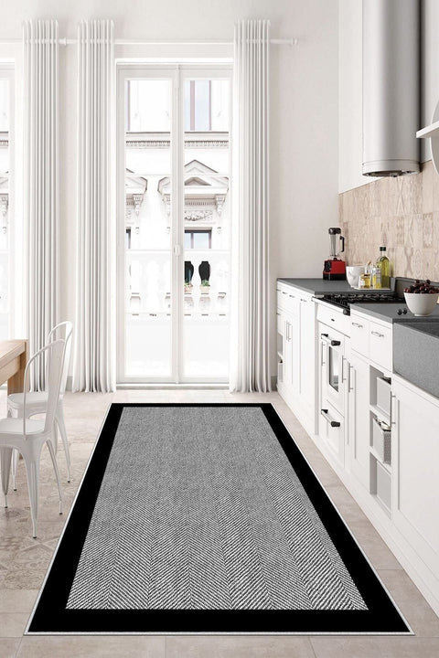 Geometric Modern Kitchen Rug – Gray in a kitchen