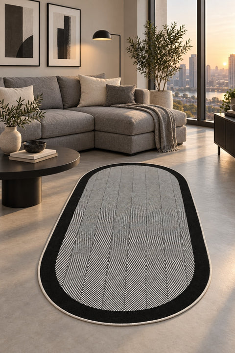 Geometric Modern Oval Kitchen Rug – Gray in a living room