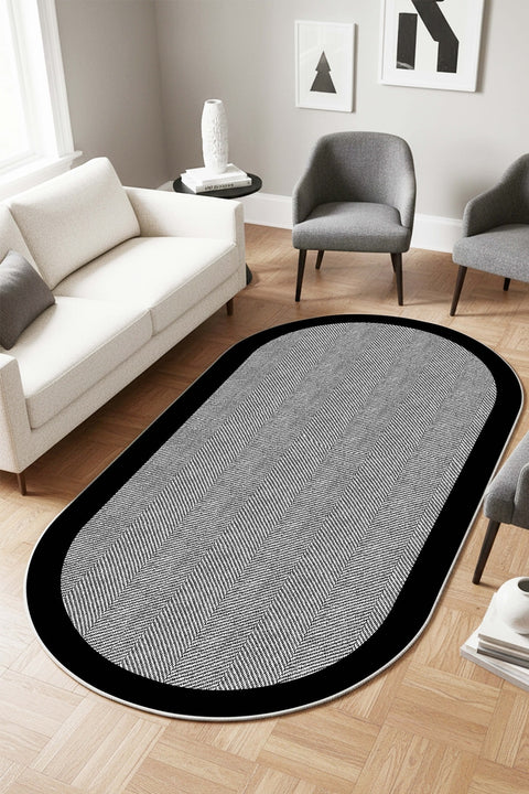 Geometric Modern Oval Kitchen Rug – Gray in a living room