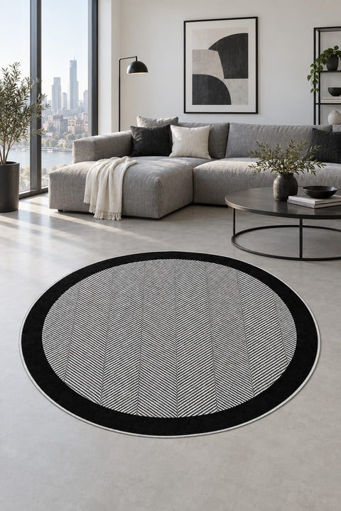 Geometric Modern Round Kitchen Rug – Gray in a living room