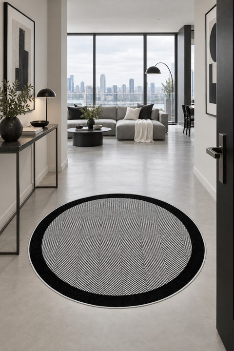 Geometric Modern Round Kitchen Rug – Gray in a hallway