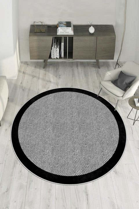 Geometric Modern Round Kitchen Rug – Gray in a living room