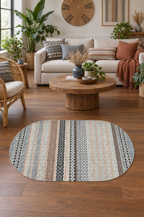 Geometric Oval Kitchen Rug – Gray in a living room