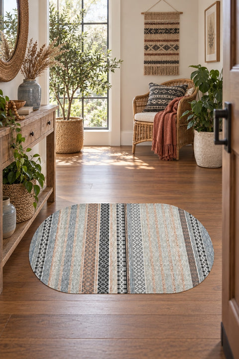 Geometric Oval Kitchen Rug – Gray in a hallway