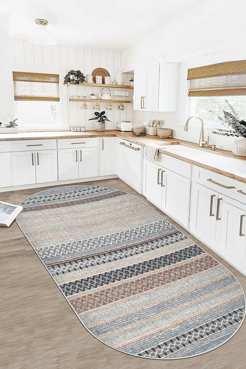 Geometric Oval Kitchen Rug – Gray in a kitchen