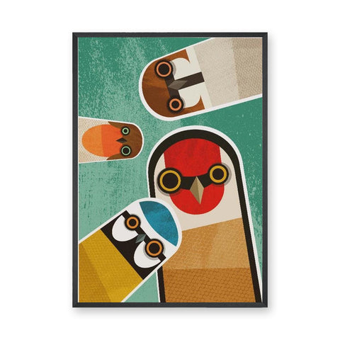 Geometric Owl Mid Century Modern Wall Art – Colorful Teal Bird Print