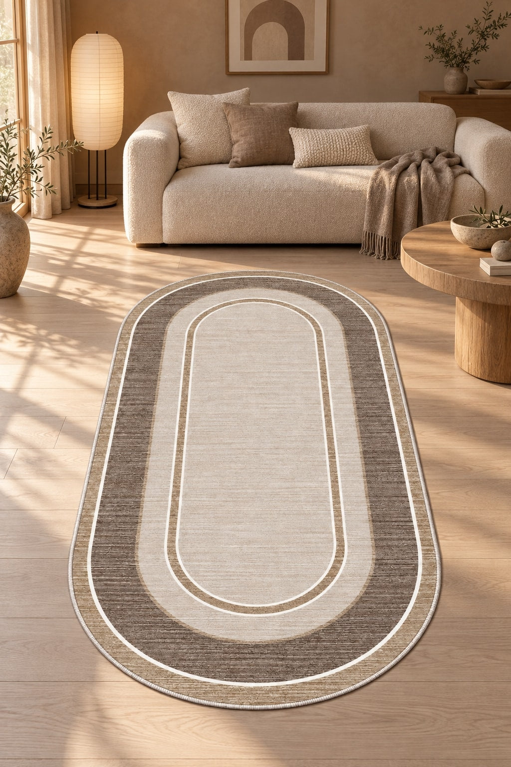 Geometric Printed Kitchen Area Rug – Beige in a living room