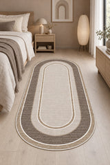 Geometric Printed Kitchen Area Rug – Beige in a bedroom