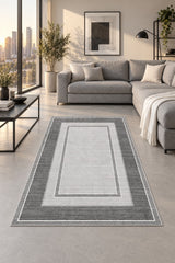 Geometric Printed Kitchen Area Rug – Gray in a living room