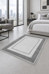 Geometric Printed Kitchen Area Rug – Gray in a bedroom