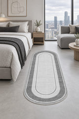 Geometric Printed Kitchen Area Rug – Light Gray & Gray in a bedroom