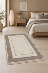 Geometric Printed Kitchen Area Rug – Taupe in a bedroom