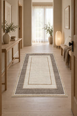 Geometric Printed Kitchen Area Rug – Taupe in a hallway