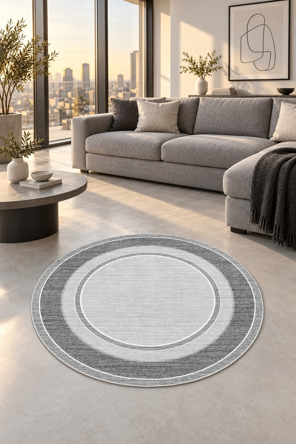 Geometric Printed Round Kitchen Rug – Gray in a living room