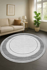 Geometric Printed Round Kitchen Rug – Gray in a living room