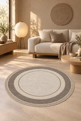 Geometric Printed Round Kitchen Rug – Taupe in a living room