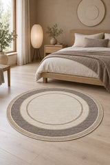 Geometric Printed Round Kitchen Rug – Taupe in a bedroom