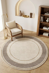 Geometric Printed Round Kitchen Rug – Taupe in a living room