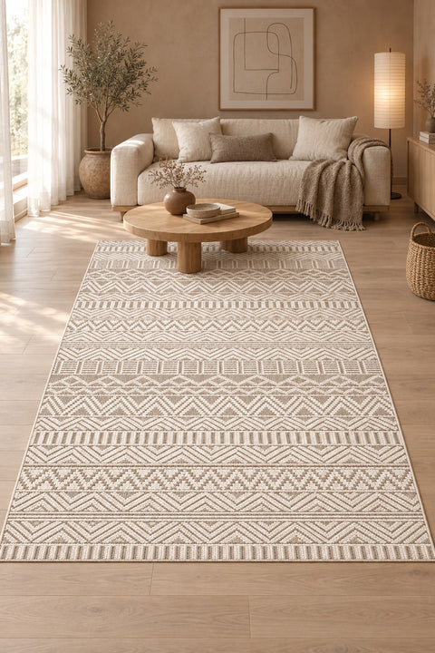 Geometric Scandinavian Area Rug – Beige in a living room