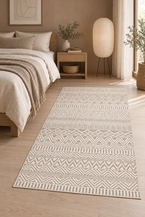 Geometric Scandinavian Area Rug – Beige in a bedroom