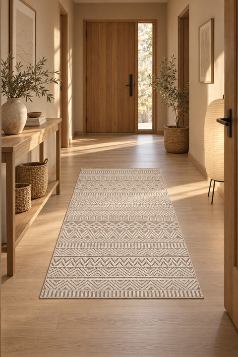 Geometric Scandinavian Area Rug – Beige in a hallway