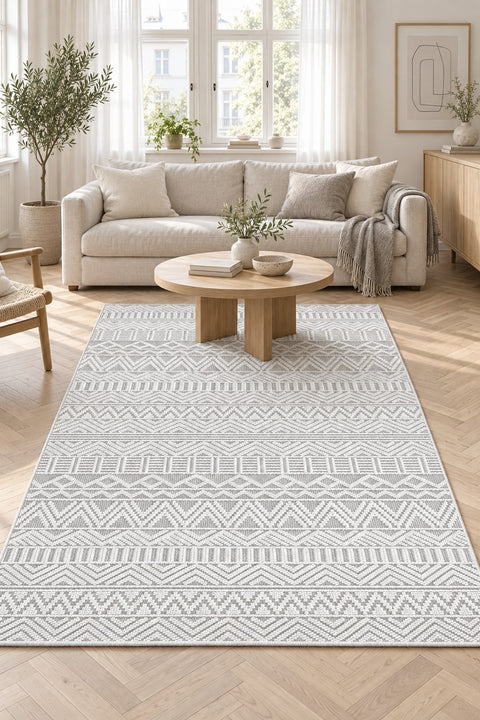 Geometric Scandinavian Area Rug – Gray in a living room