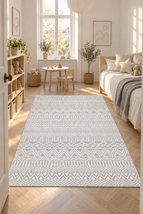 Geometric Scandinavian Area Rug – Gray in a nursery