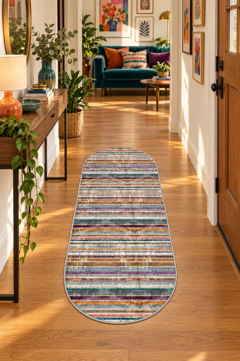 Geometric Scandinavian Oval Rug – Multicolor in a hallway