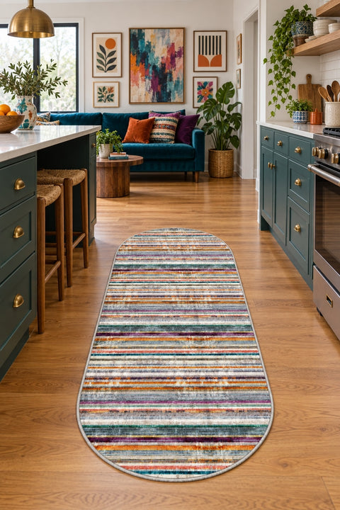 Geometric Scandinavian Oval Rug – Multicolor in a kitchen