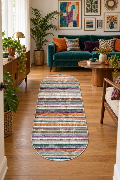 Geometric Scandinavian Oval Rug – Multicolor in a living room